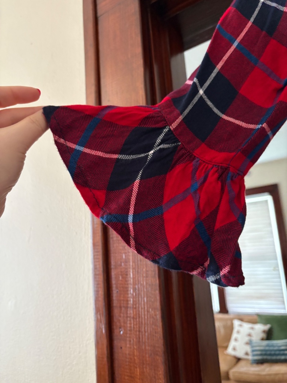Red & Navy Plaid Ruffle Off-Shoulder Top - Picture 2 of 5